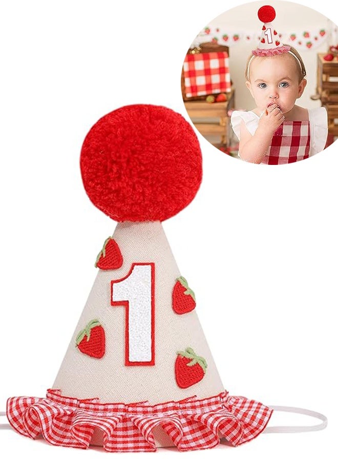 قبعة عيد الميلاد الأول للبنات بنقشة الفراولة - زينة عيد ميلاد "سويت وان" للبنات، تاج عيد الميلاد الأول بنقشة الفراولة مع كروشيه - Image 1