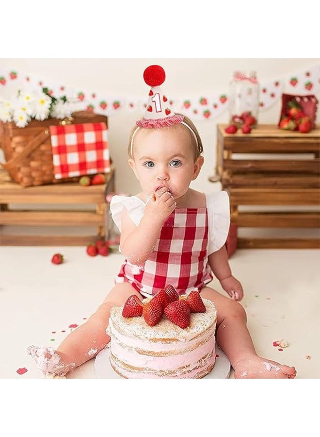 قبعة عيد الميلاد الأول للبنات بنقشة الفراولة - زينة عيد ميلاد "سويت وان" للبنات، تاج عيد الميلاد الأول بنقشة الفراولة مع كروشيه - Image 5