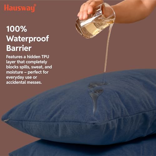 HAUSWAY Pillow Protector Waterproof | Terry Cotton | Pillow Cover with Zip | 200 GSM | Navy Blue-28x18 Inch | Set of 2 - Image 2