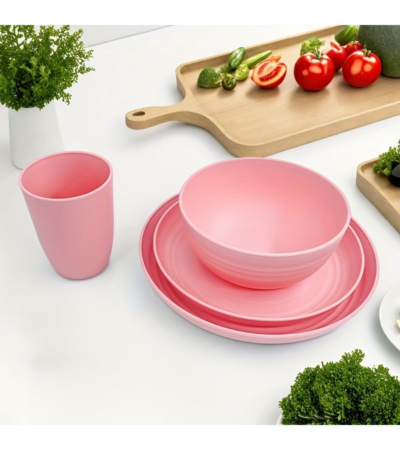 4 Piece Beige Plastic Cutlery Set Food Safe Reusable Unbreakable Shatter Proof Plates Bowls And Cups Dishwasher And Microwave Safe For Camping Travel And Home Use - Image 1