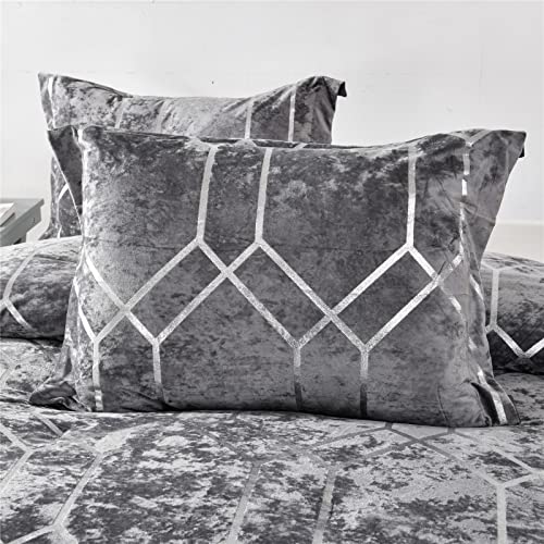 Sunshine Nicole Metallic Print Comforter Set, Distressed Velvet Face with Metallic Print and Brushed Solid Microfiber Reverse, with Light Weight Soft Poly Fill, 3 Pieces Grey Silver, King - Image 3