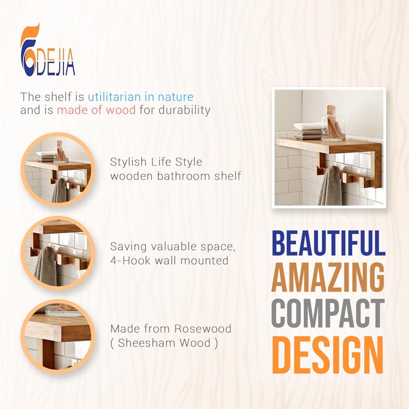 ODEJIA Wall Mounted 4Hook Vintage Natural Wood Floating Bathroom Shelf Towel Rack Wall Mounted Bathroom Display Storage Shelf Towel Hanger Rack Shelf - Image 2