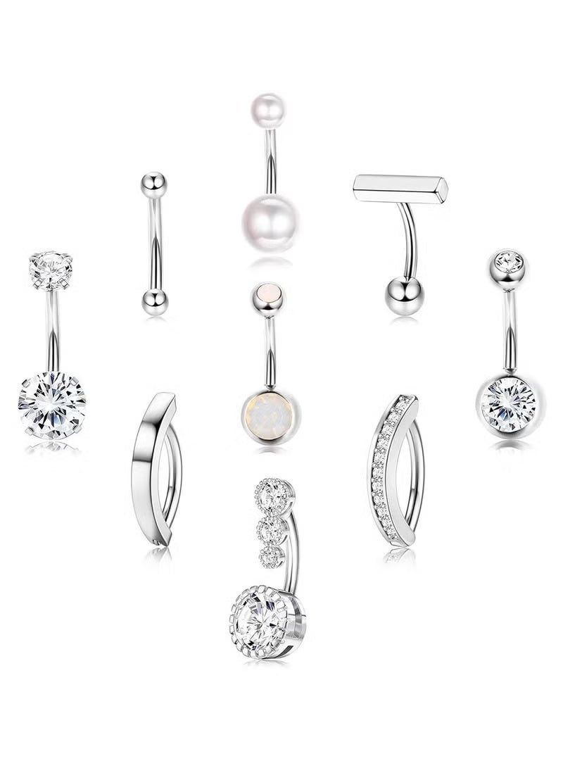 طقم مجوهرات ثقب فضي مكون من 9 قطع من الفولاذ المقاوم للصدأ، خواتم سرة بشكل فراشة، خاتم بطن كريستالي عصري للفتيات، خواتم زر البطن للنساء كهدايا للحفلات - Image 1