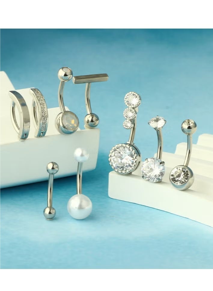 طقم مجوهرات ثقب فضي مكون من 9 قطع من الفولاذ المقاوم للصدأ، خواتم سرة بشكل فراشة، خاتم بطن كريستالي عصري للفتيات، خواتم زر البطن للنساء كهدايا للحفلات - Image 2
