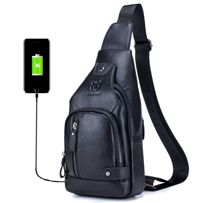 BULLCAPTAIN Genuine Leather Sling Bag with USB Charging Port Multi-pocket Chest Bag for Men Hiking Travel Daypack XB-129 (Magic Black) - Image 1
