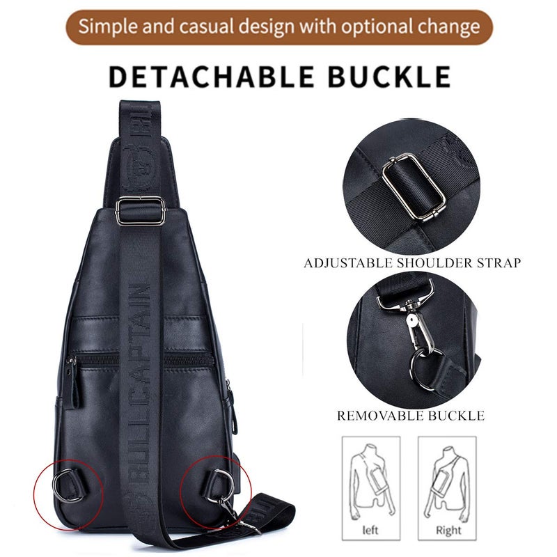 BULLCAPTAIN Genuine Leather Sling Bag with USB Charging Port Multi-pocket Chest Bag for Men Hiking Travel Daypack XB-129 (Magic Black) - Image 4