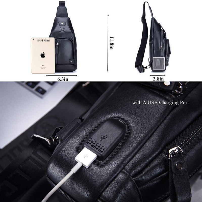 BULLCAPTAIN Genuine Leather Sling Bag with USB Charging Port Multi-pocket Chest Bag for Men Hiking Travel Daypack XB-129 (Magic Black) - Image 3