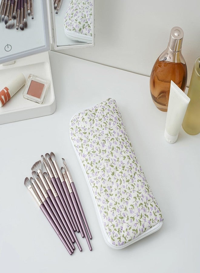 JOVAKIT Quilted Makeup Brush Holder Travel Cosmetic Bag for Women, Floral Coquette Cotton Makeup Brush Case Toiletry Zipper Make Up Pouch, Travel Storage Organizer Pouch (Purple Floral) - Image 2