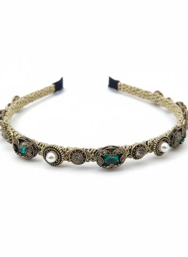 Baroque Green Pearl Headband for Women, Beaded Emerald Hairband, Elegant Hair Accessory for Festivals, Holidays and Everyday Wear - Image 1