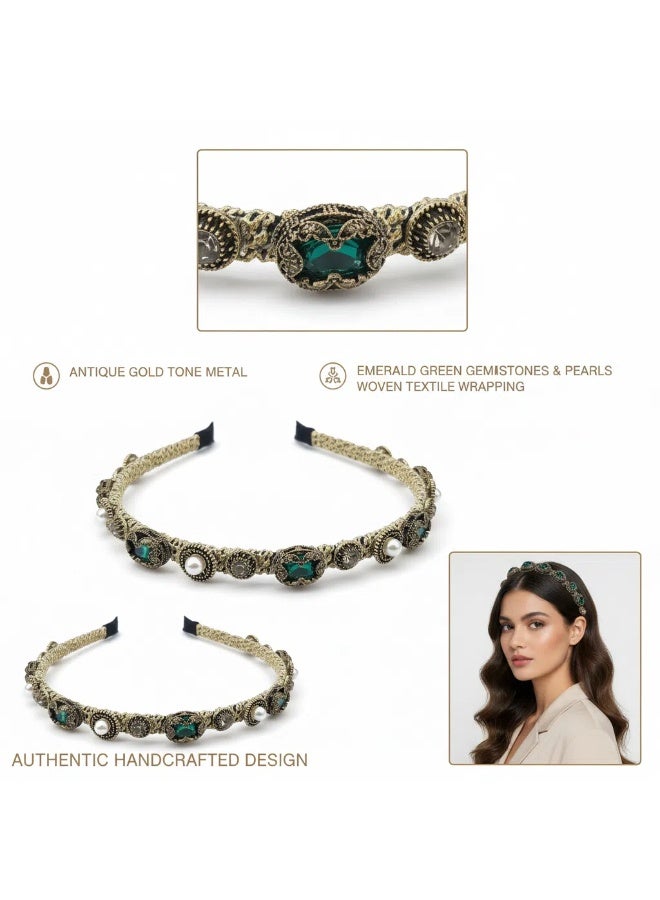 Baroque Green Pearl Headband for Women, Beaded Emerald Hairband, Elegant Hair Accessory for Festivals, Holidays and Everyday Wear - Image 2