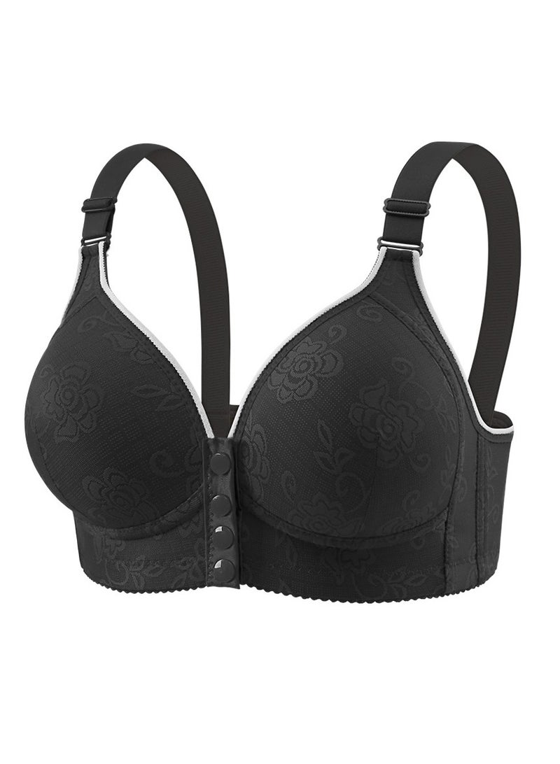 Loquat Womens Front Button Full Coverage Jacquard Bras Soft Seamless Unpadded Wireless Nursing Bras Black