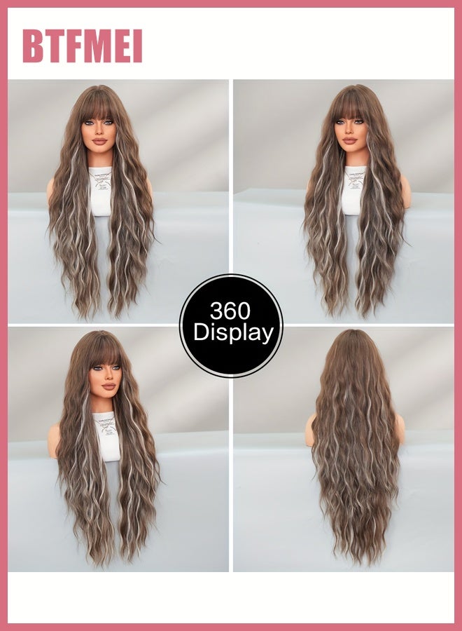BTFMEI 30 Inch Long Wavy Brown Ombre Wig with Bangs for Women, Natural-Looking Synthetic Heat Resistant Hair, Soft High Density Fiber, Daily Wear, Party, Wedding & Cosplay - Image 3