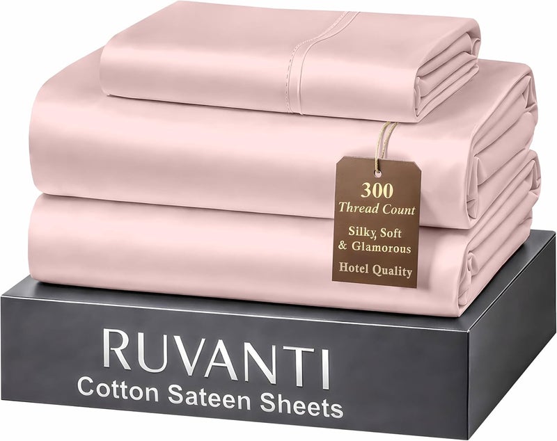 Ruvanti 100% Cotton Sateen Sheets Twin XL Size – Hotel Luxury Softness, Silky Smooth & Breathable Comfort, 300 Thread Count Cotton Sheets, Deep Pocket Fit, Cooling Bedding Set 3 Pieces - Dusty Rose - Image 1