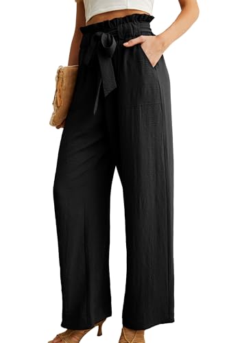 IWOLLENCE Women's Wide Leg Pants with Pockets High Waist Adjustable Knot Loose Casual Trousers Business Work Casual Pants Black Small - Image 2