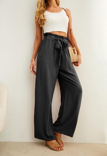 IWOLLENCE Women's Wide Leg Pants with Pockets High Waist Adjustable Knot Loose Casual Trousers Business Work Casual Pants Black Small - Image 3