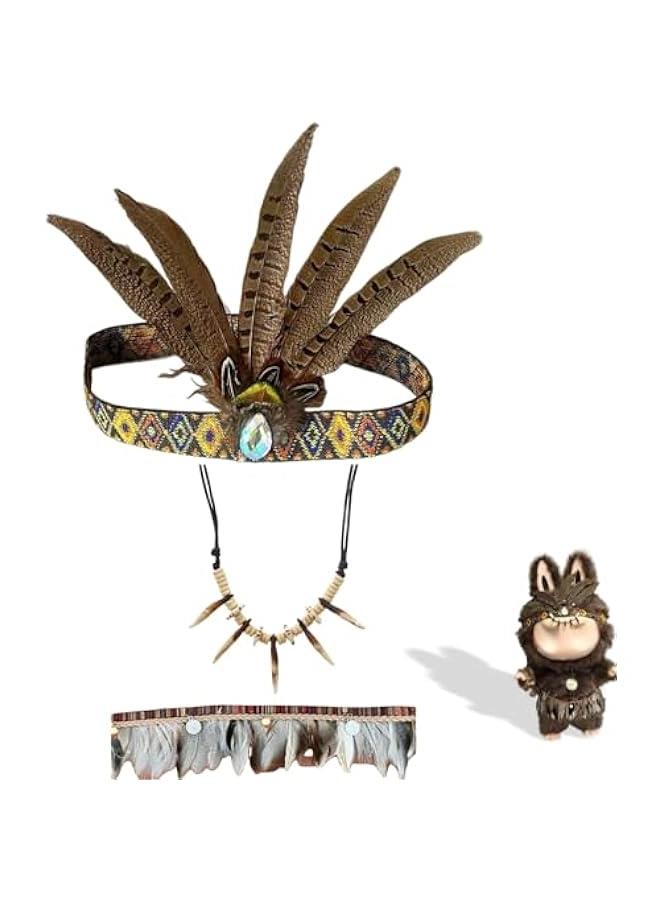 Arabest 3 Piece Accessories for 58cm(22.8in) Labubu，Native American Inspired Costume Set Compatitable With zimomo, Feather Headdress with Beaded Headband, Tribal Necklace and apron - Image 1