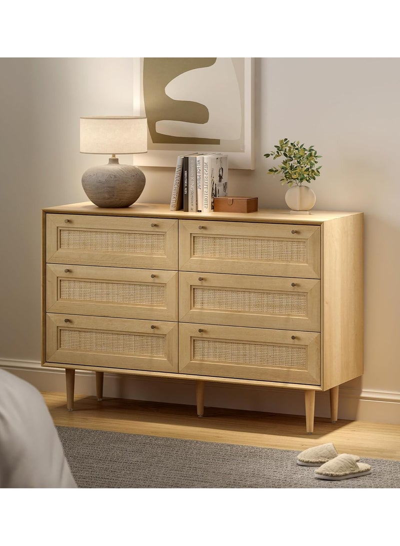 Rattan 6 Drawer Dresser for Bedroom, Modern Dresser Wood Chest of Drawers with Metal Handles,Boho Wood Storage Cabinets Corner Bedside Table for Bedroom, Living Room, Entryway