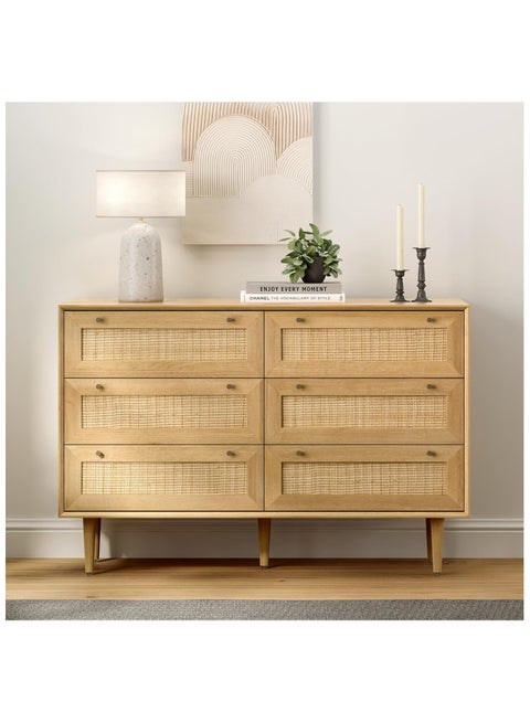 Rattan 6 Drawer Dresser for Bedroom, Modern Dresser Wood Chest of Drawers with Metal Handles,Boho Wood Storage Cabinets Corner Bedside Table for Bedroom, Living Room, Entryway