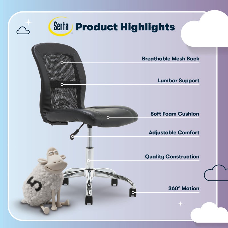 Serta Essential Armless TaskChair, Small Desk Chairs with Wheels, Breathable Mesh Back and Faux Leather, Quality Foam Cushion Seat for Comfort, Minimal Design for Vanity Table, Black - Image 4