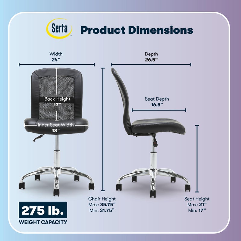 Serta Essential Armless TaskChair, Small Desk Chairs with Wheels, Breathable Mesh Back and Faux Leather, Quality Foam Cushion Seat for Comfort, Minimal Design for Vanity Table, Black - Image 3