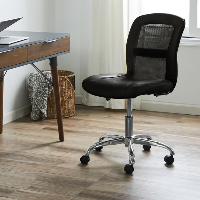 Serta Essential Armless TaskChair, Small Desk Chairs with Wheels, Breathable Mesh Back and Faux Leather, Quality Foam Cushion Seat for Comfort, Minimal Design for Vanity Table, Black - Image 2