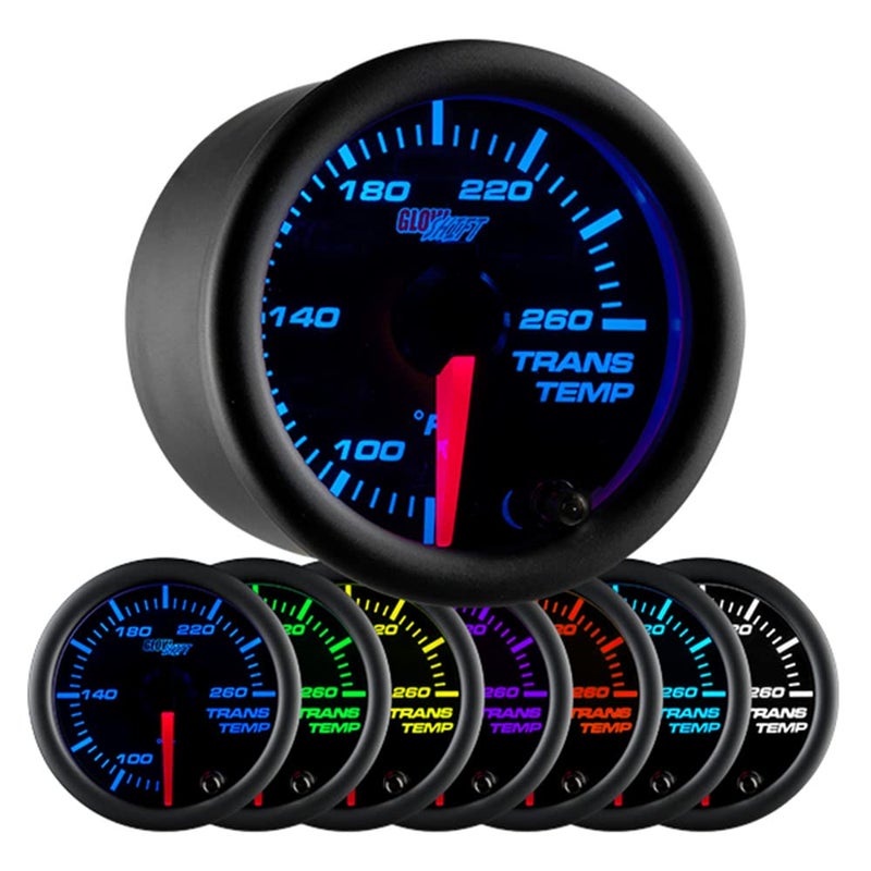 مجموعة مقياس درجة حرارة نقل الحركة الأوتوماتيكي GlowShift Black 7 Color 260F تشمل مستشعر إلكتروني NPT 1827، الأسلاك، عرض متعدد الألوان، قرص أسود، عدسة شفافة للسيارة والشاحنة 2116 52mm