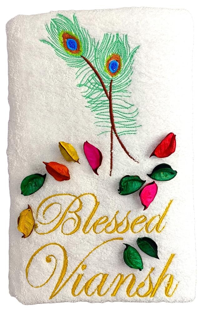 TurtleLittle 100 Cotton Peacock Feather Personalised Adult White Bath Towel 600 GSM Set of 1 White - Image 1