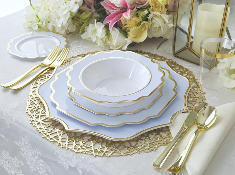 OCCASIONS FINEST PLA "" OCCASIONS "" 50 Plates Pack (25 Guests)-Heavyweight Wedding Party Disposable Plastic Plate Set -(25x10.5'' Dinner + 25x8'' Salad/dessert (Imperial in White/Blue & Gold) - Image 5