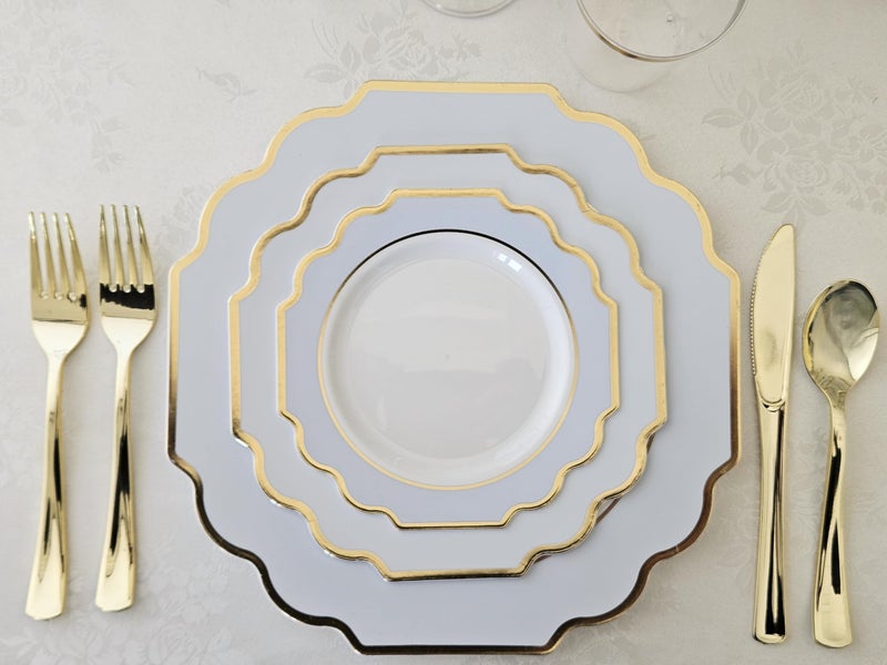 OCCASIONS FINEST PLA "" OCCASIONS "" 50 Plates Pack (25 Guests)-Heavyweight Wedding Party Disposable Plastic Plate Set -(25x10.5'' Dinner + 25x8'' Salad/dessert (Imperial in White/Blue & Gold) - Image 2