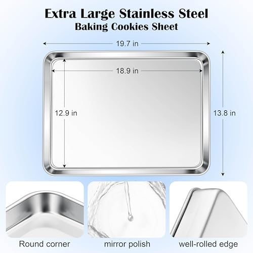 E-far Efar Large Baking Sheet 20x14 Stainless Steel Cookie Sheet Pan for Oven Non Toxic Metal Baking Tray for Cake Cookies Healthy Rust Free Mirror Finish Dishwasher Safe 1 Pack - Image 3