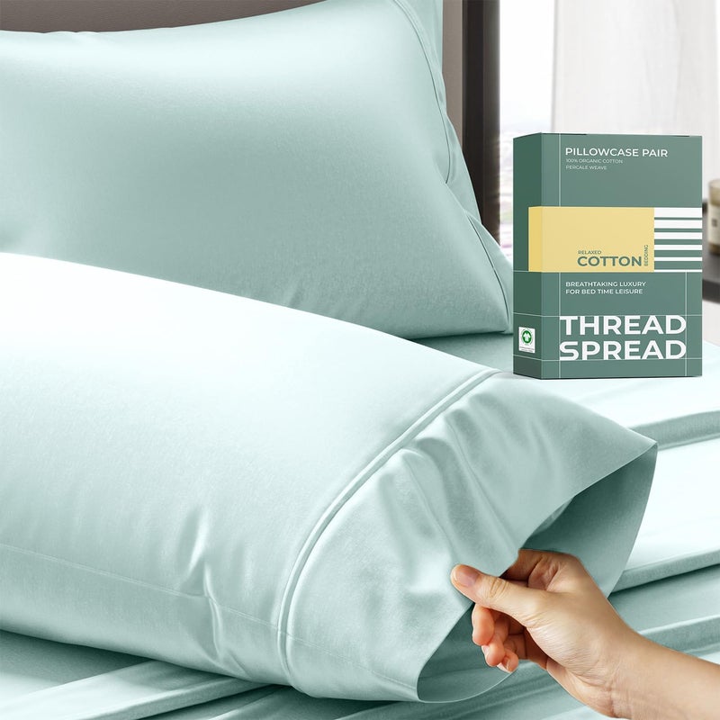 THREAD SPREAD 100% Organic Cotton Pillow Cases Standard Size - Natural Cotton Pillow Cases Queen Size Set of 2 (Sea Foam), Soft, Cooling, Crisp & Breathable Percale Weave Pillowcase, GOTS Certified - Image 1