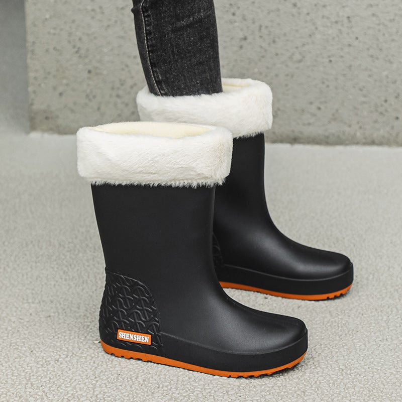 Fashionable Womens Waterproof Rain Boots Black [Cotton added]] 
