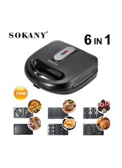 Electric Sandwich Maker 750 Watt 6 slices in 1, Donut, Nuts, Waffle, Shells, Sandwich, Bread Slices, Pan-fried Steak, Large size, Non-stick and Removable plates, SK-908 Black