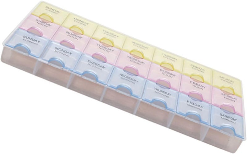 Weekly 21-Compartment Pill Organizer Box with 3 Colors, Plastic Travel Medication Case with Individual Lids, Daily Vitamin and Medicine Storage for Purse and Household - Image 1