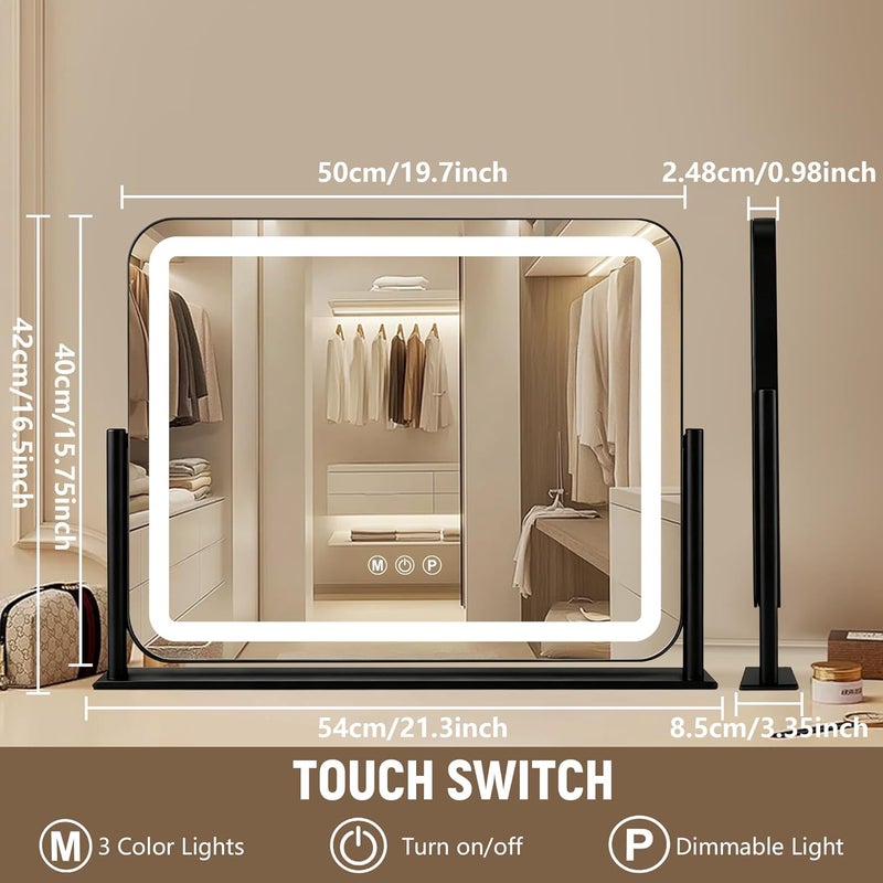 مرآة زينة Ratsamee سوداء 20×16 بوصة مع أضواء، مرآة مكياج LED، مرآة مكياج مضيئة مع 3 ألوان قابلة للتعتيم، تحكم ذكي باللمس، إطار معدني من الألومنيوم، منفذ شحن USB - Image 2