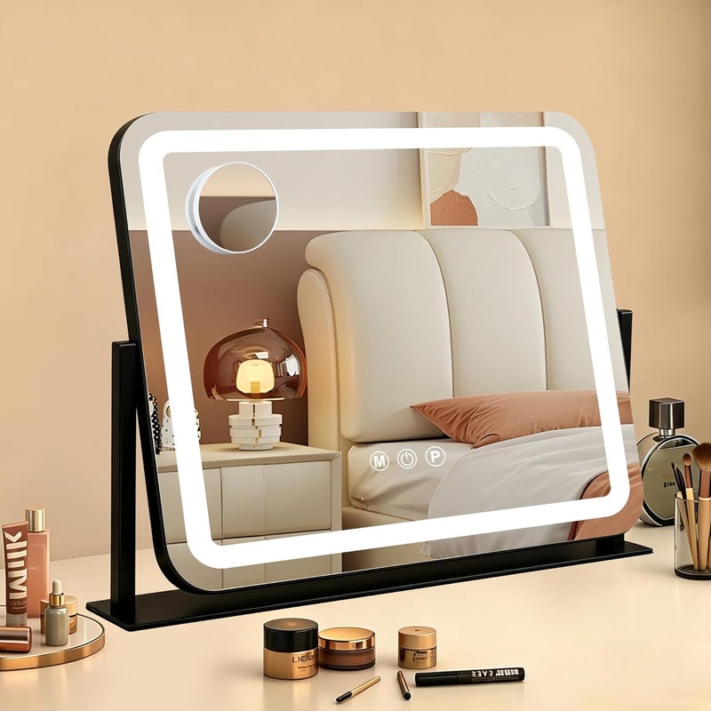 مرآة زينة Ratsamee سوداء 20×16 بوصة مع أضواء، مرآة مكياج LED، مرآة مكياج مضيئة مع 3 ألوان قابلة للتعتيم، تحكم ذكي باللمس، إطار معدني من الألومنيوم، منفذ شحن USB - Image 1