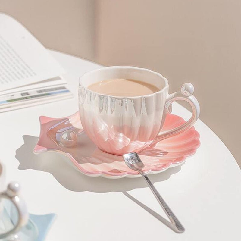 HwaGui Pearl Shell Cup and Saucer  8oz Gradient Ceramic Coffee Mug Vintage Tea Cappuccino Latte Art for Birthday Gift Gradient Pink - Image 4