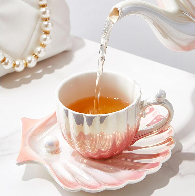 HwaGui Pearl Shell Cup and Saucer  8oz Gradient Ceramic Coffee Mug Vintage Tea Cappuccino Latte Art for Birthday Gift Gradient Pink - Image 2