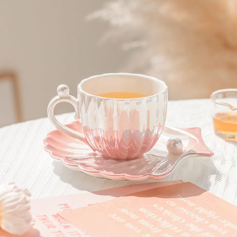 HwaGui Pearl Shell Cup and Saucer  8oz Gradient Ceramic Coffee Mug Vintage Tea Cappuccino Latte Art for Birthday Gift Gradient Pink - Image 5