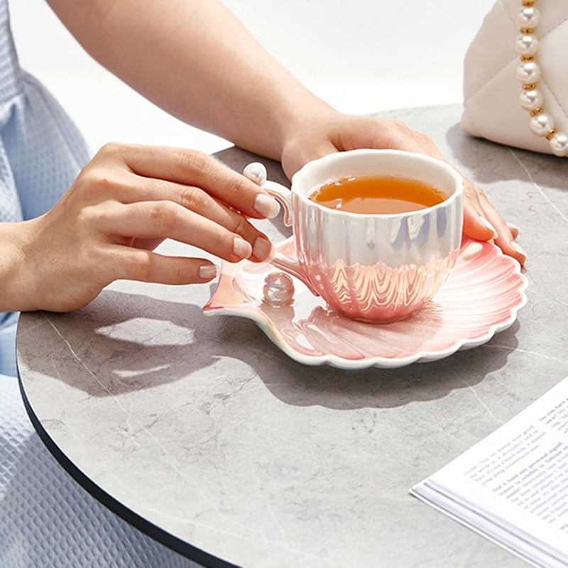HwaGui Pearl Shell Cup and Saucer  8oz Gradient Ceramic Coffee Mug Vintage Tea Cappuccino Latte Art for Birthday Gift Gradient Pink - Image 3