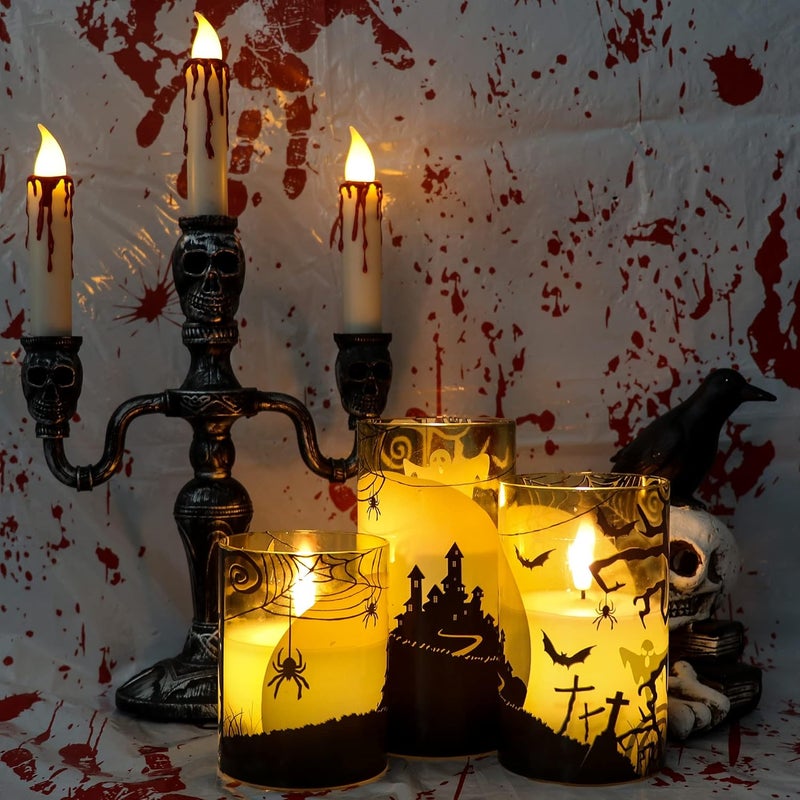 Eldnacele Halloween Flameless Candles with Remote Spider Web, Ghost, Castle Decals Battery Operated Real Wax Flickering Glass Pillar Candle for Spooky Holiday Decor 3 Pack - Image 5