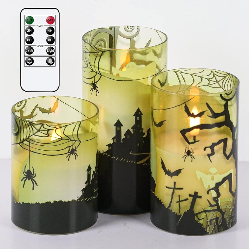 Eldnacele Halloween Flameless Candles with Remote Spider Web, Ghost, Castle Decals Battery Operated Real Wax Flickering Glass Pillar Candle for Spooky Holiday Decor 3 Pack - Image 1