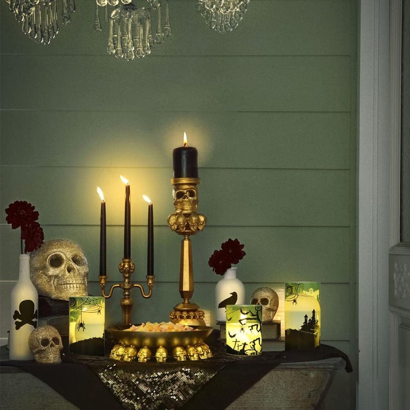 Eldnacele Halloween Flameless Candles with Remote Spider Web, Ghost, Castle Decals Battery Operated Real Wax Flickering Glass Pillar Candle for Spooky Holiday Decor 3 Pack - Image 4