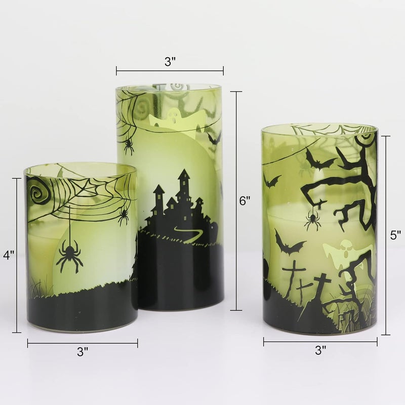 Eldnacele Halloween Flameless Candles with Remote Spider Web, Ghost, Castle Decals Battery Operated Real Wax Flickering Glass Pillar Candle for Spooky Holiday Decor 3 Pack - Image 2