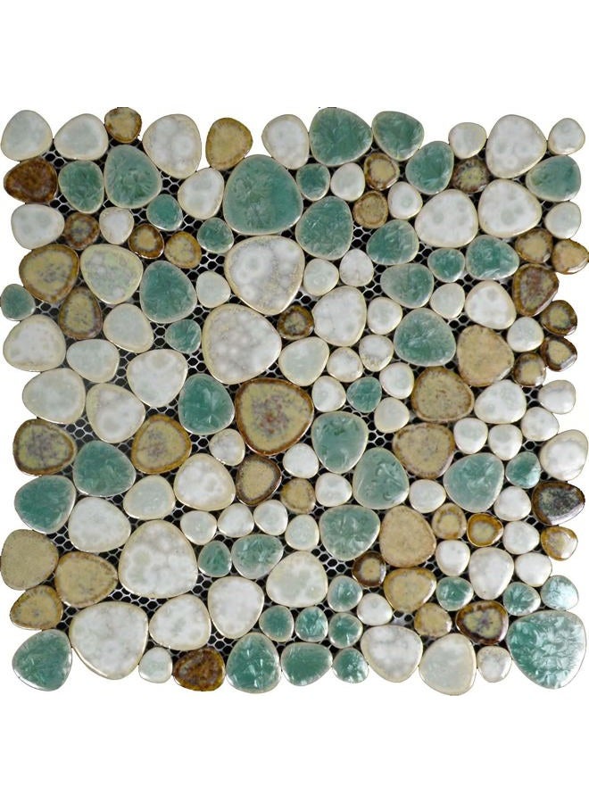 Hominter 11-Sheets Glazed Ceramic Pebble Backsplash Wall Tiles, Bathroom Porcelain Floor Tile - Blue/Cream/Coffee PPT009 - Image 1
