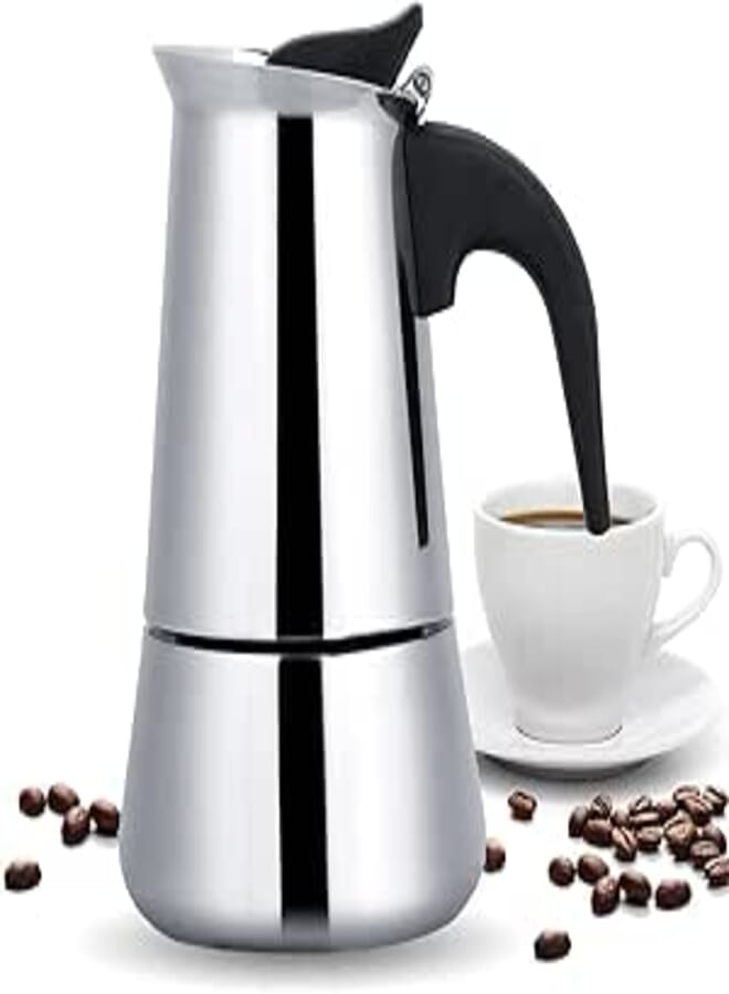 THW® Stovetop Espresso Maker - Moka Pot, 200ml (4 Cups) - Stainless Steel Italian Coffee Maker for Mocha, Cappuccino & Latte - Quick Brewing & Ergonomic Design