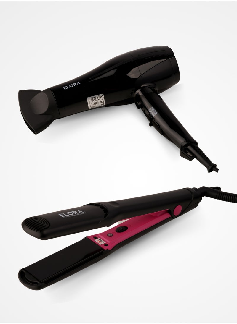 ELORA - Elora 2 in 1 Professional Hair Dryer Set, Powerful 2000 Watt Quick Drying Salon Hairdryers With Straightener Set ELPC-1601 Black - Image 1