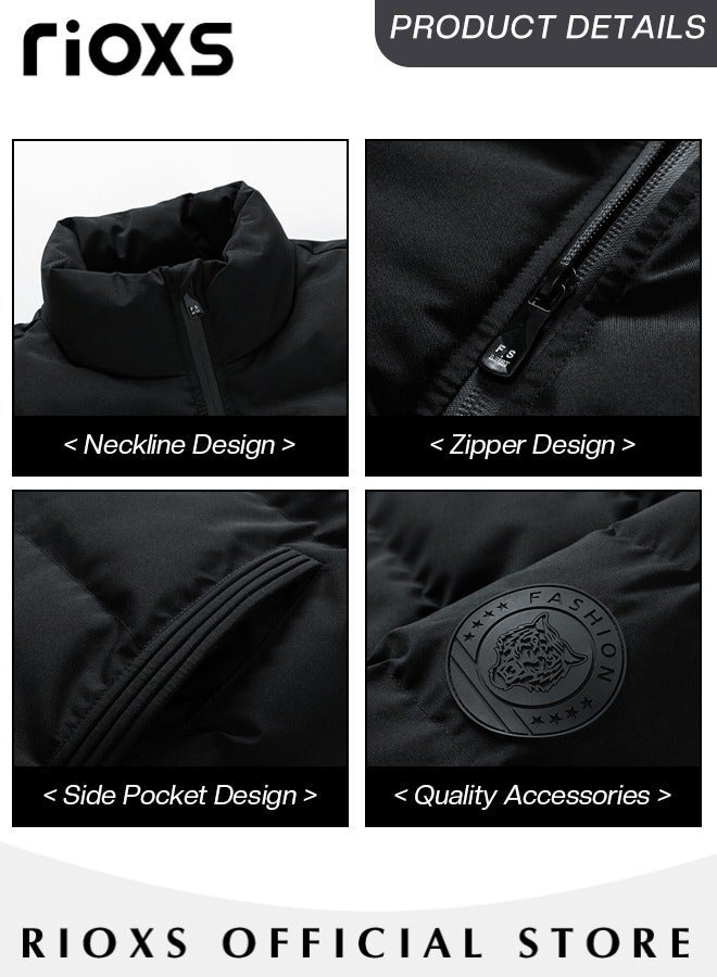 RIOXS Men's Puffer, Mens Casual Winter Down Cotton Jacket, Warm & Lightweight Puffer Coat, Standing Collar Windproof Outerwear, Slim Fit Outdoor Jacket With Side Pockets, Gift For Daddy Husband Boyfriend - Image 4