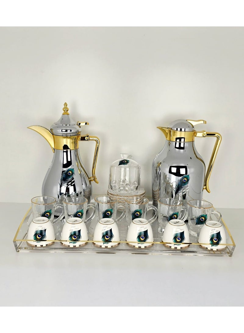 Damanhoor 22Piece Arabic Tea & Coffee Set Elegant Silver Design with Thermoses Glass Cups & Tray 12 Hours Heat Retention - Image 2