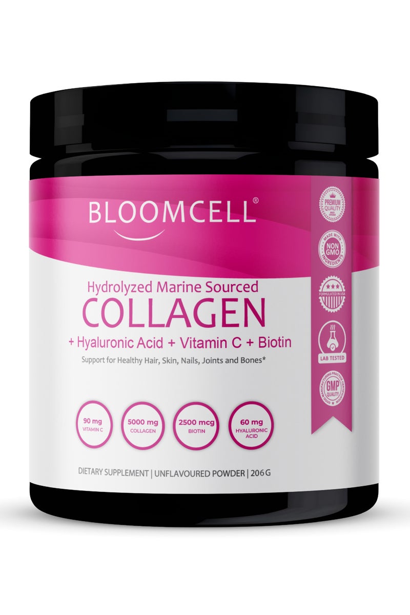 Bloomcell Marine Sourced Collagen + Hyaluronic Acid + Vitamin C Powder- 206g (Unflavored) - Image 1